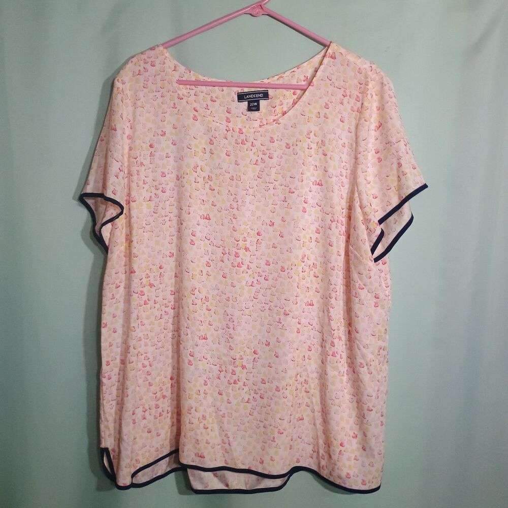 Lands' End Pink Confetti Print Short Sleeve Blouse Navy Trim Relaxed Top